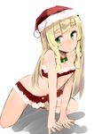  bare_arms bare_legs bell blonde_hair blush breasts cleavage green_eyes hands_on_floor hat highres lillie_(pokemon) long_hair looking_to_the_side muoto navel pokemon pokemon_(game) pokemon_sm santa_costume santa_hat simple_background small_breasts solo squatting underwear white_background 