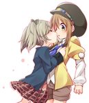  2girls blush breasts brown_hair coat elize_lutus eyes_closed green_eyes green_hair hat leia_rolando multiple_girls open_mouth short_hair short_shorts shorts skirt tales_of_(series) tales_of_xillia tales_of_xillia_2 twintails yuri 
