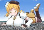  beret blonde_hair breasts brown_legwear city detached_sleeves drill_hair fingerless_gloves giantess gloves hair_ornament hairpin hat large_breasts lying magical_girl mahou_shoujo_madoka_magica on_stomach puffy_sleeves smile solo striped striped_legwear terada_ochiko thighhighs tomoe_mami twin_drills vertical-striped_legwear vertical_stripes yellow_eyes 
