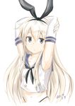  2017 absurdres anchor_hair_ornament animal_ears arms_behind_head arms_up black_neckwear blonde_hair breasts bunny_ears collarbone commentary_request dated elbow_gloves fake_animal_ears gloves grey_eyes hair_ornament hairband highres inoue_kousei kantai_collection long_hair looking_at_viewer midriff navel neckerchief open_mouth panty_straps sailor_collar sailor_shirt shimakaze_(kantai_collection) shirt sidelocks sleeveless sleeveless_shirt small_breasts solo white_background white_gloves white_shirt 