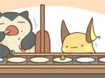  2018 duo food nintendo open_mouth pok&eacute;mon pok&eacute;mon_(species) raichu rairai-no26-chu snorlax sushi text video_games wasabi 