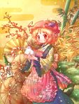  aki_minoriko apron arinu bamboo bell bird black_skirt blonde_hair blush bottle chicken chinese_zodiac commentary_request floral_print food fruit grapes hair_ornament hat highres japanese_clothes kimono masu new_year red_eyes rooster short_hair skirt smile solo touhou tree year_of_the_rooster 