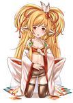  animal_ears bandeau bangs bare_shoulders black_legwear blonde_hair blush breasts collarbone detached_sleeves feathers full_body granblue_fantasy hair_ornament katte_ni_kappa kneeling long_hair looking_at_viewer mahira_(granblue_fantasy) midriff navel open_mouth red_eyes shorts simple_background small_breasts smile solo thighhighs white_background wide_sleeves 