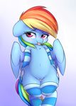  2017 absurd_res blue_feathers blue_fur blush clitoris clothed clothing cutie_mark equine eyelashes feathered_wings feathers female friendship_is_magic fur gradient_background hair heavymetalbronyyeah hi_res legwear looking_at_viewer mammal multicolored_hair multicolored_tail my_little_pony navel pegasus pussy pussy_juice rainbow_dash_(mlp) rainbow_hair rainbow_tail simple_background solo striped_legwear stripes tongue tongue_out wings 