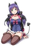  bat_wings breasts bustier full_body green_eyes highres jacket large_breasts love_live! love_live!_school_idol_project low_twintails purple_hair scrunchie sitting solo thighhighs toujou_nozomi twintails wings yopparai_oni 