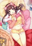  :o animal_ears bangs blanket blush book bow breasts brown_eyes brown_hair cat_ears commentary_request cowboy_shot drawstring eyebrows_visible_through_hair fake_animal_ears food fruit fur fur_trim hair_bow handheld_game_console highres hips holding hood hoodie indoors juke kotatsu large_breasts lingerie long_hair looking_at_viewer loungewear lying mandarin_orange navel off_shoulder on_back open_mouth original pillow playing_games playstation_vita polka_dot_hoodie pom_pom_(clothes) shirt_lift single_thighhigh solo table tank_top teeth thighhighs thighs underwear 