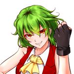  &gt;:) adapted_costume ascot bangs bare_shoulders black_gloves clenched_hand commentary_request eyebrows_visible_through_hair eyes_visible_through_hair fingerless_gloves gloves green_hair grin itocoh kazami_yuuka looking_at_viewer orange_eyes red_vest shirt short_hair sleeveless sleeveless_shirt smile solo touhou upper_body v-shaped_eyebrows vest white_background white_shirt 
