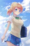  ayase_eli bag blonde_hair blue_eyes blue_sky blush breasts cloud day from_below highres large_breasts looking_at_viewer love_live! love_live!_school_idol_project motokonut ponytail school_bag skirt sky solo 