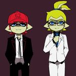  baseball_cap blue_eyes commentary domino_mask formal glasses green_hair hat inkling jacket lowres male_focus mask multiple_boys nana_(raiupika) pink_hair ponytail splatoon_(series) splatoon_1 suit suit_jacket tentacle_hair 