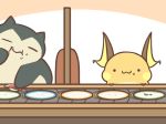  2018 duo food nintendo pok&eacute;mon pok&eacute;mon_(species) raichu rairai-no26-chu snorlax sushi video_games 