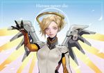  absurdres armor black_gloves blonde_hair blue_eyes bodysuit breastplate breasts closed_mouth english eyelashes gloves hand_up headgear highres long_sleeves looking_at_viewer mechanical_halo mechanical_wings medium_breasts mercy_(overwatch) monable nose overwatch short_hair skin_tight smile solo spread_wings turtleneck wing_print wings yellow_wings 