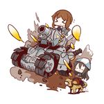  &gt;_&lt; black_hair brown_hair camel chibi closed_eyes commentary_request crossover firing girls_und_panzer ground_vehicle hat highres keizoku_military_uniform long_hair metal_slug mika_(girls_und_panzer) military military_uniform military_vehicle motor_vehicle multiple_girls nishizumi_miho nuu_(nu-nyu) ooarai_military_uniform riding short_hair simple_background smile sv-camel sv001_(metal_slug) tank turret uniform white_background 