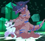  abdominal_bulge anal anal_penetration anthro balls canine digimon duo eroborus fox greymon kitsune_(ero) male male/male mammal penetration penis penis_shaped_bulge ridiculous_fit size_difference 