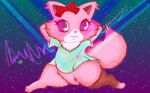  abstract_background blush bottomless cat chest_tuft clothed clothing cute dancing feline fluffy fluffy_tail fur furvy garnet_(jewelpet) jewelpet leg_warmers legwear mammal pink_eyes pink_fur ribbons sanrio seductive shirt smile split spotlight star tuft 