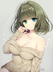 :3 bare_shoulders blue_eyes blush breasts byulzzimon closed_mouth collarbone eyebrows_visible_through_hair green_eyes green_hair grey_background head_tilt heterochromia idolmaster idolmaster_cinderella_girls looking_at_viewer medium_breasts mole mole_under_eye off_shoulder short_hair signature silhouette sleeves_past_wrists snowflakes solo takagaki_kaede 