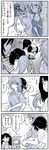  4koma 6+girls alternate_costume alternate_hairstyle apologizing arms_around_waist blush comic dinosaur_costume doll_hug dougi fan flying_sweatdrops greyscale hair_between_eyes harisen heterochromia highres japanese_clothes kaga3chi kaga_(kantai_collection) kantai_collection kiso_(kantai_collection) long_hair monochrome multiple_girls mutsu_(kantai_collection) nagato_(kantai_collection) nagatsuki_(kantai_collection) nightgown onesie pajamas ryuujou_(kantai_collection) shaded_face shirt short_hair side_ponytail sleepwear smile stuffed_toy tenryuu_(kantai_collection) translated trembling twintails 