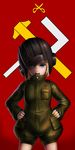  bad_id bad_pixiv_id blonde_hair blue_eyes emblem girls_und_panzer hands_on_hips helmet highres katyusha kkroe long_sleeves looking_at_viewer military military_uniform open_mouth pravda_(emblem) pravda_military_uniform red_background short_hair short_jumpsuit solo uniform 