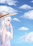 blue_sky cloud day dress from_side hand_on_own_face hat liu_chun-ling long_hair original profile red_eyes sky solo sun_hat upper_body white_dress white_hair 