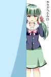  battle_girl_high_school green_hair highres long_hair looking_at_viewer peeking_out red_eyes sadone school_uniform solo translated twintails u.b_m1s2s white_background 
