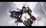  ass_visible_through_thighs bandaged_arm bandages bangs bare_shoulders black_gloves black_legwear black_panties blue_eyes breasts cape character_name copyright_name dagger dobunezumi fate/apocrypha fate_(series) fingerless_gloves gloves highleg highleg_panties highres jack_the_ripper_(fate/apocrypha) looking_at_viewer navel panties partially_visible_vulva scar short_hair silver_hair single_glove small_breasts solo underwear weapon 
