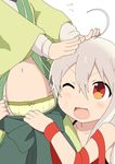  ahoge antenna_hair arm_ribbon bow bow_panties chiya_(urara_meirochou) commentary_request fangs gobanme_no_mayoi_neko green_panties hair_between_eyes highres long_hair multiple_girls natsume_nono navel one_eye_closed open_clothes panties pushing_away red_eyes ribbon silver_hair tank_top underwear urara_meirochou 