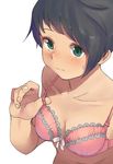  adjusting_bra adjusting_clothes aqua_eyes black_hair blush bra commentary kantai_collection mogami_(kantai_collection) pink_bra short_hair solo sweatdrop tooku_nomura_(artist) underwear 