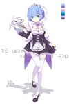  2016 apron biscuit blue_eyes blue_hair cherry color_guide copyright_name cup curtsey dated detached_sleeves eyes_visible_through_hair food frilled_skirt frilled_sleeves frills fruit full_body hair_ornament hair_over_one_eye hzyang looking_at_viewer maid maid_headdress purple_ribbon re:zero_kara_hajimeru_isekai_seikatsu rem_(re:zero) ribbon ribbon-trimmed_clothes ribbon_trim short_hair skirt solo standing standing_on_one_leg teacup teapot thighhighs tray waist_apron white_legwear wide_sleeves x_hair_ornament 