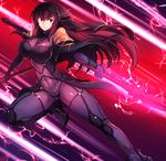  armor arms_behind_back bodysuit boots breasts commentary_request dual_wielding elbow_gloves energy_beam fate/grand_order fate_(series) gloves glowing holding holding_weapon impossible_clothes jumping knee_up large_breasts long_hair looking_to_the_side polearm purple_hair red_eyes scathach_(fate)_(all) scathach_(fate/grand_order) shoulder_armor solo spear thigh_boots thighhighs tomoyohi unitard weapon 