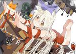  :3 animal animal_on_head artist_name barefoot bird bird_on_head blush box butt_crack cat chiya_(urara_meirochou) closed_eyes closed_mouth commentary donation_box dutch_angle eyebrows_visible_through_hair feet fingernails food fox full_body hair_between_eyes legs_up long_fingernails long_hair looking_at_viewer lying mouth_hold on_head on_stomach open_mouth outstretched_arms pandegg snake taiyaki the_pose tongue tongue_out urara_meirochou very_long_hair wagashi white_background white_hair yellow_sclera |_| 