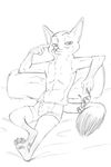  2017 akiric anthro bedroom_eyes black_and_white briefs bulge canine clothed clothing disney eyewear fox half-closed_eyes looking_at_viewer male mammal monochrome nick_wilde pinup pose reclining seductive simple_background smile solo sunglasses topless underwear white_background zootopia 