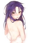  absurdres bare_back blue_hair brown_eyes covering highres hplay idolmaster idolmaster_(classic) kisaragi_chihaya long_hair looking_at_viewer looking_back nude_cover open_mouth simple_background solo towel wet wet_hair white_background 
