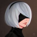  black_blindfold black_hairband blindfold brown_background close-up covered_eyes face facing_viewer hairband highres lips mole mole_under_mouth nier_(series) nier_automata nose pink_lips portrait samobscure short_hair silver_hair solo turtleneck upper_body yorha_no._2_type_b 