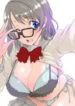  bespectacled black-framed_eyewear blue_eyes bra breasts brown_hair cleavage commentary glasses large_breasts looking_at_viewer love_live! love_live!_sunshine!! midriff navel one_eye_closed open_mouth panties partially_undressed pleated_skirt reaching_out school_uniform self_shot serafuku shinama shirt_lift short_hair side-tie_panties skirt solo underwear uranohoshi_school_uniform watanabe_you 
