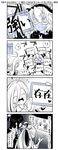  4koma :d ahoge asashimo_(kantai_collection) black_gloves blush bow bowtie closed_eyes comic dark_skin dress glasses gloves greyscale hair_between_eyes hair_over_one_eye hair_ribbon headgear highres kaga3chi kantai_collection kiyoshimo_(kantai_collection) long_hair long_sleeves low_twintails monochrome multicolored_hair multiple_girls musashi_(kantai_collection) naganami_(kantai_collection) open_mouth partly_fingerless_gloves pointy_hair ponytail ribbon sarashi school_uniform semi-rimless_eyewear shaking_head sleeveless sleeveless_dress smile sparkle tablet translated twintails two_side_up very_long_hair waving_arms 