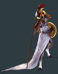  adeloo anthro armor cervine clothed clothing deer female helmet mammal melee_weapon polearm shield simple_background solo spear standing weapon 