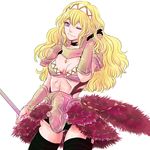  armor blonde_hair breasts cleavage curly_hair fire_emblem fire_emblem_if garter_straps headband holding holding_weapon insarability long_hair medium_breasts one_eye_closed pauldrons purple_eyes soleil_(fire_emblem_if) solo thighhighs weapon 