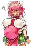  &gt;:( bandaged_arm bandages belly_rub big_belly blush breasts bun_cover commentary cuffs double_bun frown huge_breasts ibaraki_kasen looking_at_viewer pink_eyes pink_hair pleated_skirt pregnant sachito shackles short_hair skirt solo squiggle sweat tabard thick_eyebrows touhou undersized_clothes v-shaped_eyebrows wide_hips 