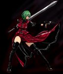  adapted_costume black_footwear black_legwear boots breasts chain closed_mouth commentary_request devil_may_cry dual_wielding ebony_&amp;_ivory full_body green_hair gun handgun high_heel_boots high_heels holding holding_gun holding_sword holding_weapon kazami_yuuka large_breasts long_sleeves nelo_anjuurou pistol plaid plaid_skirt plaid_vest profile rebellion_(sword) red_eyes shaded_face short_hair skirt solo sword thigh_boots thighhighs touhou vest weapon 