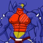  2016 abs anthro anthrofied biceps big_biceps blue_scales clothed clothing colored danandnite dragon english_text front_view garchomp half-length_portrait horn huge_muscles jockstrap light male manly multicolored_body muscular muscular_male nintendo nipples pecs pok&eacute;mon pok&eacute;morph portrait red_bottomwear red_clothing red_nipples red_scales scales serratus shadow solo standing text thick_neck topless underwear video_games white_horn yellow_eyes yellow_scales 