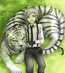  animal black_gloves bungou_stray_dogs fingerless_gloves gloves liu_chun-ling male_focus multicolored multicolored_eyes nakajima_atsushi_(bungou_stray_dogs) necktie open_mouth purple_eyes silver_hair smile suspenders tail tiger yellow_eyes 