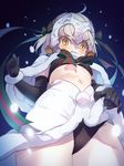  ahoge bangs bell black_bikini_top black_gloves black_legwear black_panties blonde_hair blurry blush breasts capelet covered_mouth cowboy_shot depth_of_field elbow_gloves embarrassed eyebrows_visible_through_hair fate/grand_order fate_(series) from_below fur_trim furrowed_eyebrows gloves glowing hair_ribbon headpiece jeanne_d'arc_(fate)_(all) jeanne_d'arc_alter_santa_lily lifted_by_self looking_down midriff miniskirt miya_(ete) navel panties pom_pom_(clothes) ribbon silver_hair skirt skirt_lift small_breasts snowing solo striped thighhighs underboob underwear upskirt white_skirt wrist_cuffs yellow_eyes 
