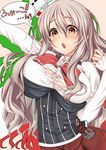  :o anchor blush bow bowtie breasts brown_eyes bursting_breasts corset grey_hair hair_between_eyes highres italian_flag italy kantai_collection large_breasts long_hair pola_(kantai_collection) red_bow red_neckwear red_skirt sazamiso_rx shirt simple_background skirt solo torn_clothes translated very_long_hair wavy_hair white_shirt 