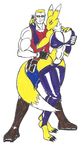  big_breasts blonde_hair blue_eyes boots bra breasts clothed clothing digimon duke duke_nukem embrace eyelashes eyewear female footwear fur gloves hair interspecies male male/female r0acha_(artist) red_shirt renamon sunglasses underwear video_games yellow_fur 