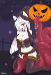  2016 anthro breasts clothed clothing digital_media_(artwork) equine eyelashes female food friendship_is_magic fruit hair halloween holidays hooves horn kato瑋 legwear looking_at_viewer mammal my_little_pony open_mouth pumpkin red_eyes simple_background smile solo stockings tentacles tongue 