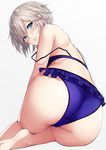  anastasia_(idolmaster) anza_tomo ass bikini blue_eyes frilled_bikini frills idolmaster idolmaster_cinderella_girls leaning_forward looking_at_viewer looking_back short_hair silver_hair simple_background sitting solo swimsuit thighs 
