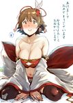  2017 akeome arm_support bandeau bangs bare_shoulders black_legwear blush breasts brown_eyes brown_hair cleavage collarbone cosplay dated detached_sleeves feathers granblue_fantasy hair_ornament happy_new_year honda_mio idolmaster idolmaster_cinderella_girls large_breasts looking_at_viewer mahira_(granblue_fantasy) mahira_(granblue_fantasy)_(cosplay) midriff navel new_year pija_(pianiishimo) simple_background sitting smile solo spoken_sweatdrop sweat sweatdrop thighhighs translation_request wariza white_background wide_sleeves 