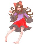  animal_ears barefoot blouse brooch brown_hair capelet commentary_request fangs fingernails full_body highres imaizumi_kagerou jewelry long_fingernails long_hair long_sleeves ma_nyan_(nyao_mao_nyao) nail_polish purple_blouse red_eyes red_skirt skirt solo touhou very_long_hair wavy_hair wolf_ears 