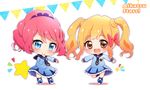  :d aikatsu!_(series) aikatsu_stars! bangs blonde_hair blue_eyes blush bow brown_eyes chibi closed_mouth commentary_request copyright_name dress eyebrows_visible_through_hair hair_bow hair_ornament hair_scrunchie hand_on_own_chin multiple_girls nijino_yume open_mouth outstretched_arm outstretched_arms pennant pink_bow pink_hair ponytail sailor_dress sakuraba_rola school_uniform scrunchie simple_background sleeves_past_wrists smile standing standing_on_one_leg star twintails umino_(umino00) wavy_hair white_background yotsuboshi_academy_uniform 