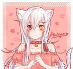  2016 :&lt; animal_ears bad_id bad_pixiv_id bare_shoulders bell cat_ears cat_hair_ornament clenched_hands collar dated hair_ornament hairclip heterochromia highres jingle_bell liu_chun-ling long_hair orange_eyes original red_eyes signature solo white_hair 