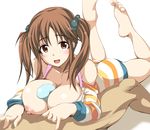  1girl :d ass bangs bare_legs bare_shoulders barefoot blush breasts brown_eyes brown_hair collarbone commentary_request condom detached_sleeves gengoroh hair_ornament hair_scrunchie hetero idolmaster idolmaster_cinderella_girls large_breasts legs_up long_sleeves looking_at_viewer lying nipples on_stomach open_mouth paizuri parted_bangs puffy_long_sleeves puffy_nipples puffy_sleeves scrunchie shirt sidelocks smile solo_focus striped striped_shirt totoki_airi twintails 